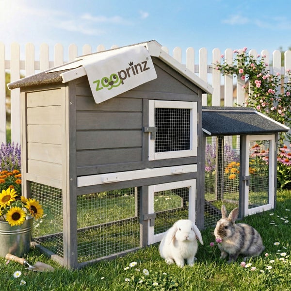 Zweistöckiger Kleintierstall aus Holz mit Freigehege in einem hellen Garten, zooprinz Logo.