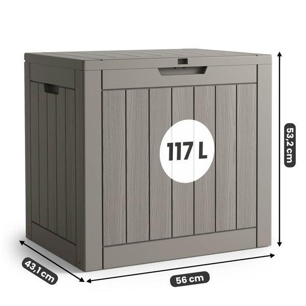 Gartenbox aus Kunststoff in Holzoptik mit 117 Liter Fassungsvermögen, Maße 56 mal 43,1 mal 53,2 Zentimeter.