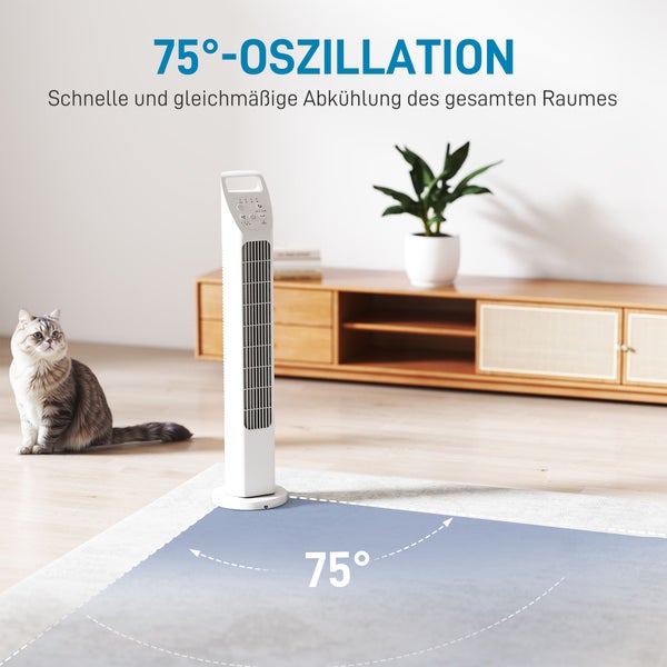 Turmventilator mit 75 Grad Oszillation für eine gleichmäßige Abkühlung im hellen Wohnzimmer.
