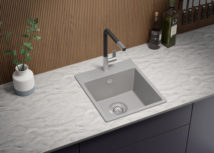 PRIMAGRAN Spülbecken Grau 38x44cm, Granitspüle 1 Becken + Ablauf-Set, Küchenspüle ab 40er Unterschrank - Riga Easy