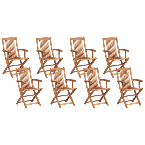 Set aus 8 klappbaren Gartenstühlen aus Holz mit Armlehnen.