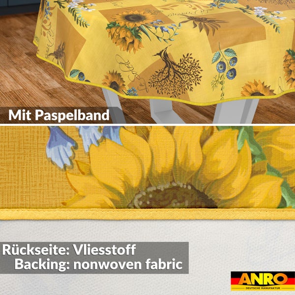 ANRO Tischdecke mit Sonnenblumen-Motiv, Paspelband und Vliesrückseite. ANRO Logo.