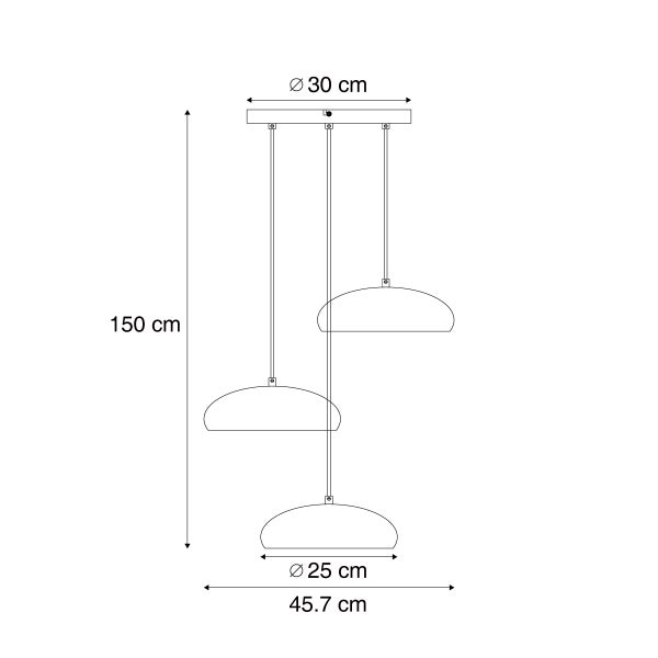Maßzeichnung einer dreiflammigen Pendelleuchte mit Angabe der Gesamthöhe von 150 Zentimetern und Durchmessern von 30 und 25 Zentimetern.