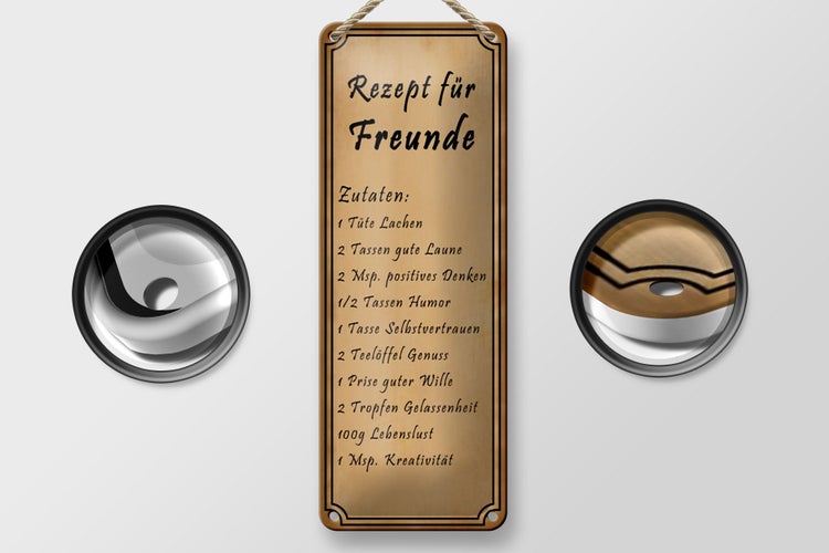 Blechschild Spruch 10x27cm Rezept für Freunde Tüte Lachen Dekoration