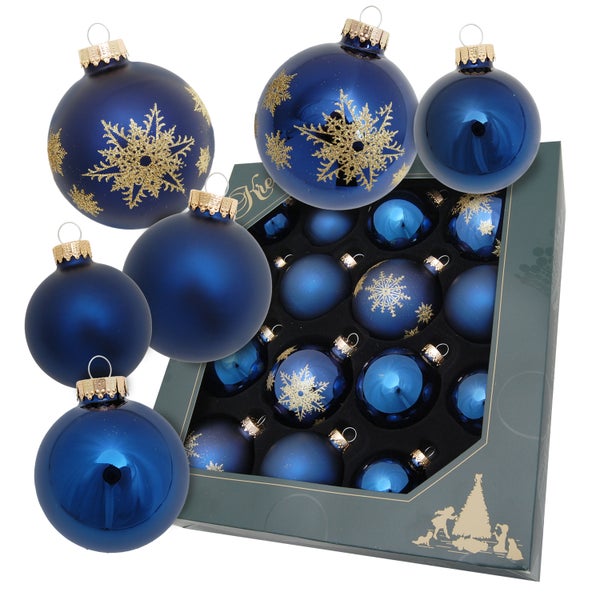 Sortiment blaue Nacht glanz/matt unifarben/dekoriert mit goldenen Schneeflocken (5cm/6cm/6,7cm), 16 Stck., Weihnachtsbaumkugeln, Christbaumschmuck, Weihnachtsbaumanhänger
