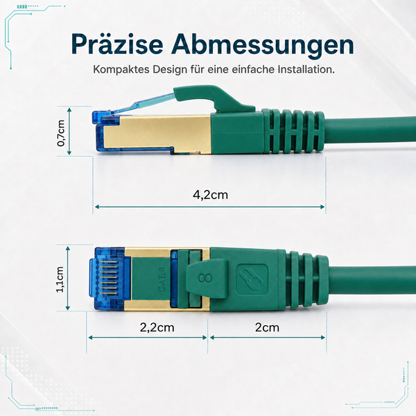 Maße RJ45 Stecker CAT 8: Höhe null Komma sieben Zentimeter, Breite eins Komma eins Zentimeter, Gesamtlänge vier Komma zwei Zentimeter.