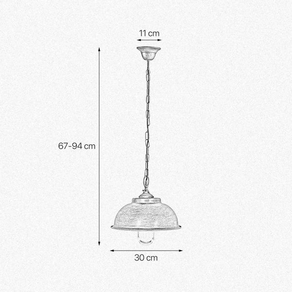 Technische Zeichnung einer Pendelleuchte mit den Maßen 67 bis 94 Zentimeter Höhe, 30 Zentimeter Durchmesser des Schirms und 11 Zentimeter Durchmesser des Baldachins.