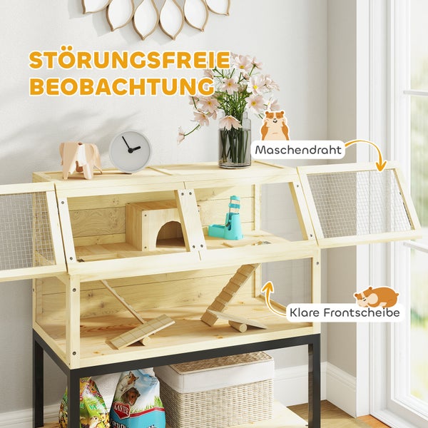 PawHut Zwerghamsterkäfig aus Holz, 87 x 43 x 101 cm Nagerkäfig mit Ablagefläche, Wasserflasche, Hütte, Wippen, Kleintierkäfig mit Rädern, Rampen, Naturholz