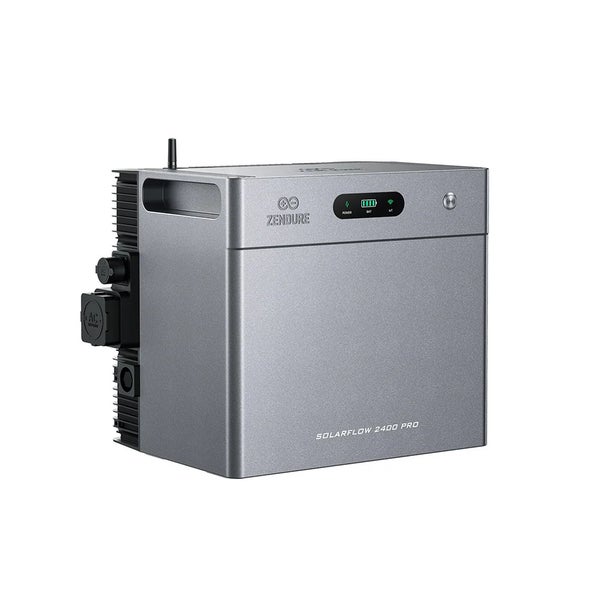 Zendure Solarflow 2400 Pro Solarspeicher für Balkonkraftwerke mit Display für Ladestatus, Zendure Logo und seitlichen Anschlüssen.