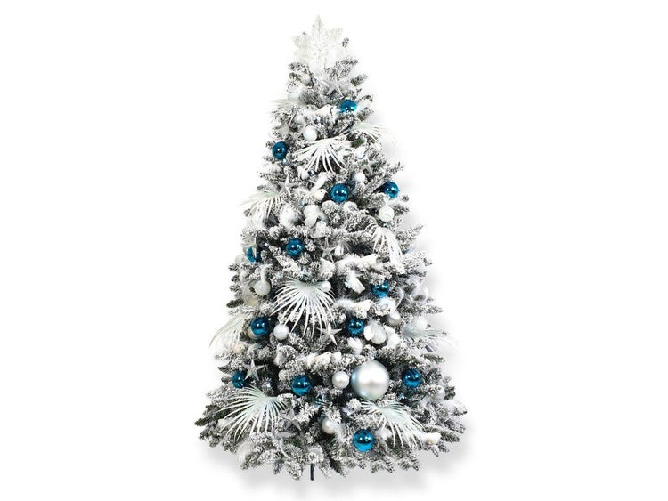 Künstlicher, verschneiter Weihnachtsbaum, geschmückt mit Kugeln und dekorativen Elementen, festliche Weihnachtsdekoration.
