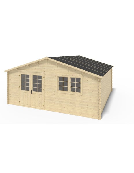 Gartenhaus aus Holz mit Satteldach, einer Doppeltür mit Fensterausschnitten und zwei weiteren Fenstern.