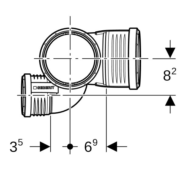 Technische Zeichnung eines Geberit Rohrformstücks, 90-Grad-Bogen mit Muffen und Maßangaben 8,2, 3,5 und 6,9.