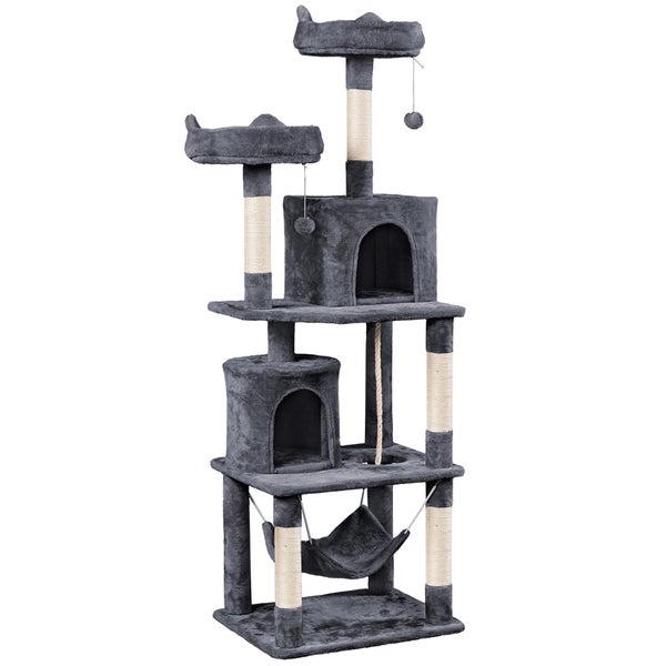 Grauer Katzenkratzbaum mit mehreren Ebenen, Höhlen, Liegeflächen und Spielzeug