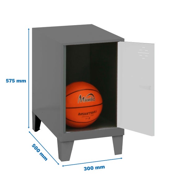 Metallschrank mit einer Tür und einem Basketball darin, Maße 575 x 500 x 300 Millimeter