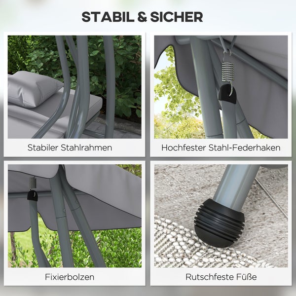 Detailansicht einer Schaukelbank mit stabilem Stahlrahmen, hochfestem Stahlfederhaken, Fixierbolzen und rutschfesten Füßen