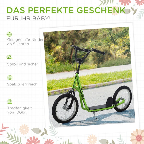 HOMCOM Kinderroller, 139L x 58B x 90-96H cm, Stahl, Aluminium, Gummi, Grün