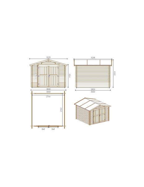 Technische Zeichnung eines Gartenhauses mit Maßen, inklusive Frontansicht, Seitenansicht, Grundriss und perspektivischer Darstellung.