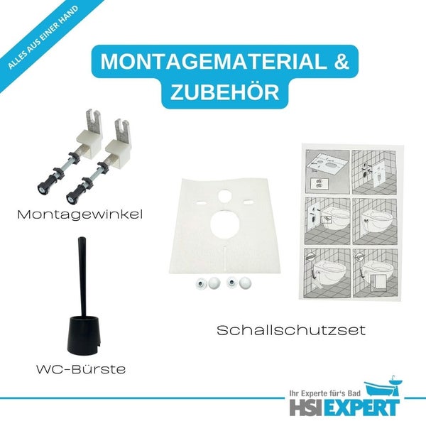 Montagematerial und Zubehör für die WC-Installation, einschließlich Montagewinkel, Schallschutzset und WC-Bürste.