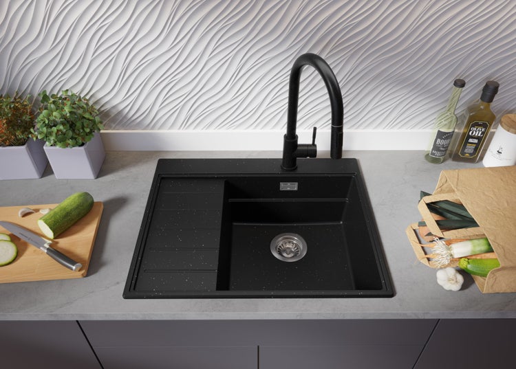 PRIMAGRAN Spülbecken Schwarz Metallic 62x50cm, Granitspüle 1 Becken + Ablauf-Set + Küchenzubehörset, Küchenspüle ab 45er Unterschrank - Sydney