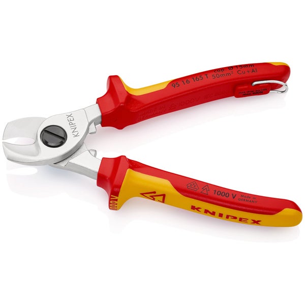 Knipex Kabelschere mit VDE-Isolation bis 1000 Volt und Befestigungsöse für Absturzsicherung.