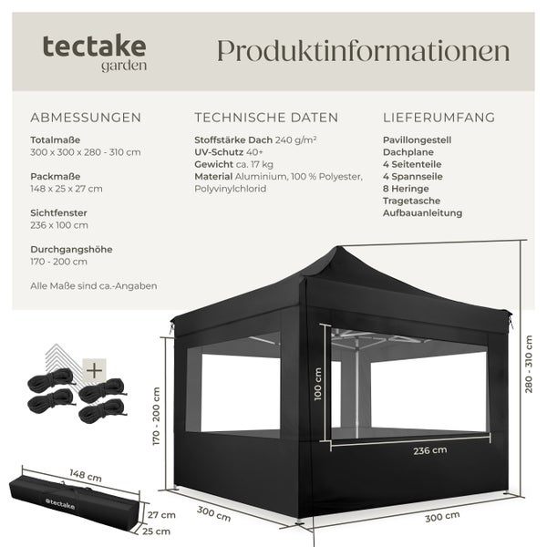 Pavillon tectake Olivia inklusive Spannseilen, Heringen und Tragetasche 3 x 3 m, mit Aluminiumgestell schwarz