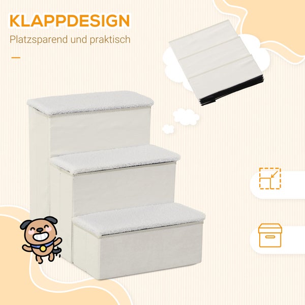 PawHut Haustiertreppe Katzentreppe Hundetreppe Faltbar 3 Stufen Tiertreppe mit Stauraum für Katzen und Hunde MDF Weiß 40 x 54 x 48 cm