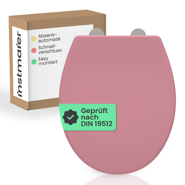 WC-Sitz mit Absenkautomatik, Schnellverschluss und einfacher Montage. Geprüft nach DIN 19512. Instmater Logo.