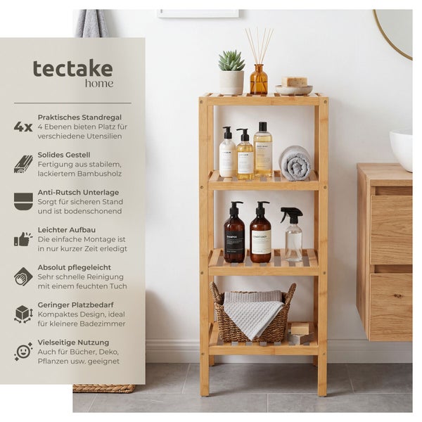 Badezimmer Standregal aus Bambus mit vier Ablageflächen von Tectake Home in einem modern eingerichteten Badezimmer zur Aufbewahrung von Utensilien.