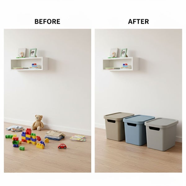 Vorher-Nachher-Ansicht eines Raumes, der mit Aufbewahrungsboxen aufgeräumt wurde