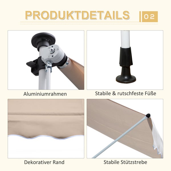 Outsunny Markise, Klemmmarkise,  2x1,2m, Alu, Cremeweiß