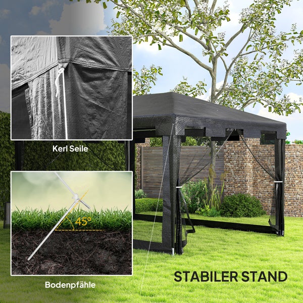 Gartenpavillon im Freien mit Details zur Befestigung: Spannseile und Bodenheringe in einem 45 Grad Winkel für einen stabilen Stand.