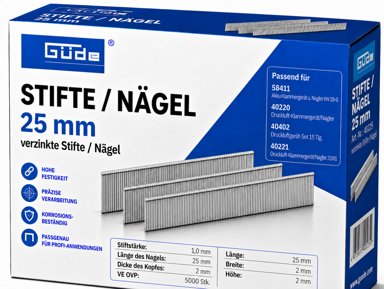 Güde Stifte und Nägel 25 Millimeter, verzinkt, 5000 Stück im Paket für Akku und Druckluft Klammergerät.