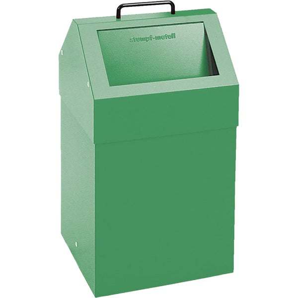 Grüner Wertstoffsammler aus Metall von Stumpf-metall mit Einwurfklappe und schwarzem Griff.