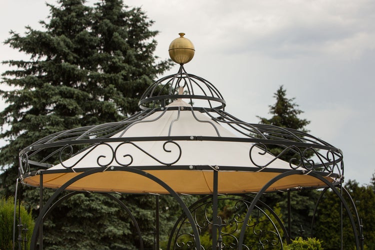 Pavillon ELEO Siena Ø 2,1 m schwarz - pulverbeschichtet | mit Dekorkugel und Sonnensegel ecru