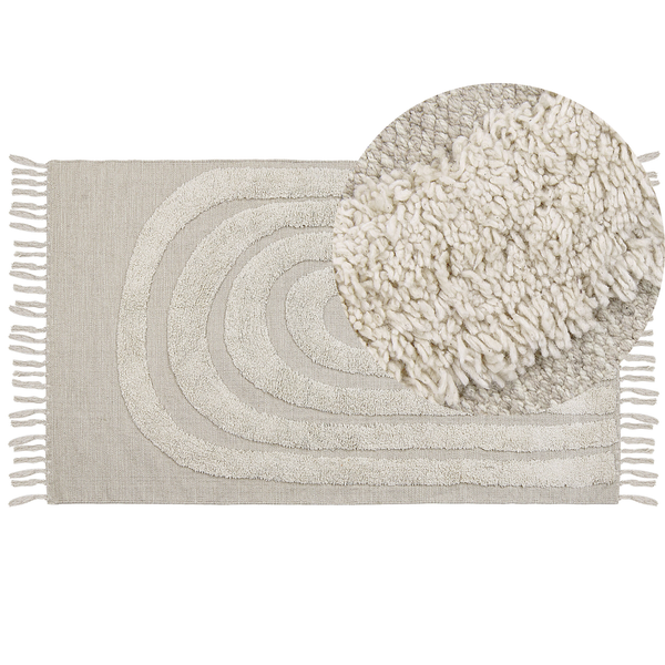Teppich Baumwolle hellbeige 80 x 150 cm geometrisches Muster Fransen Kurzflor HAKKARI