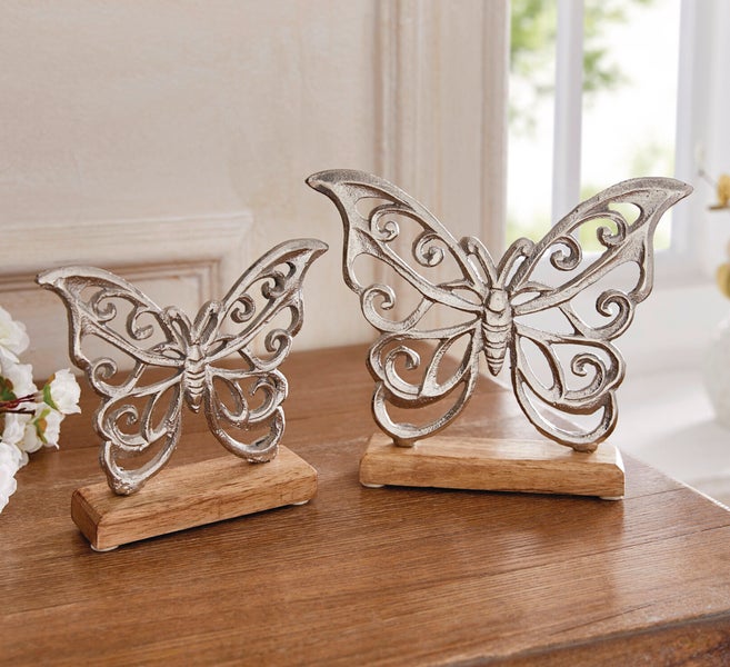 FRANK FLECHTWAREN | Schmetterling Silber, 2er Set, ALUMINIUM, HOLZ, 15 x 3,5 x 13 cm, 20 x 3,5 x 16 cm
