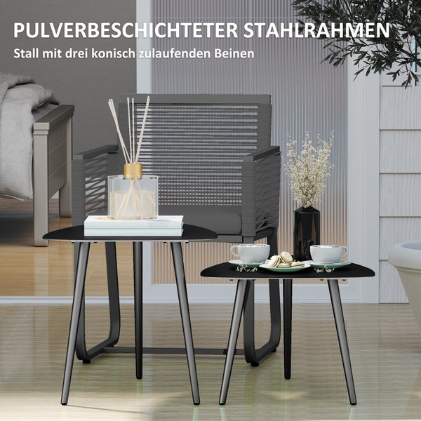 Outsunny Couchtisch 2er Set, Wetterfest Balkontisch aus Stahl, Beistelltisch im Geometrischem Design, Kaffeetisch Outdoor, Gartentisch Terrassentisch für Garten Terrasse Balkon Schwarz