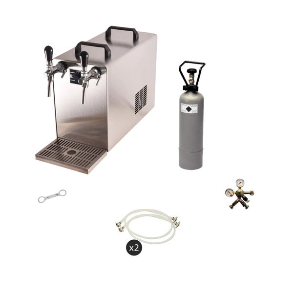 Bierzapfanlage mit Kohlensäureflasche, Druckminderer, Zapfschlauch, Zapfschlüssel und Tropfschale