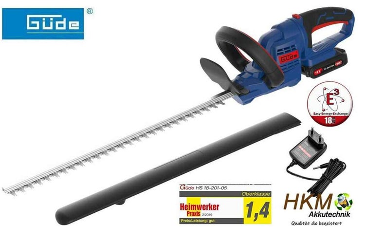 Güde Akku-Heckenschere HS 18-201-05 Set inklusive 18 Volt Akku, Ladegerät und Messerschutz. Güde Logo.