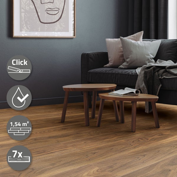 ML-Design Deluxe PVC Bodenbelag, Click Vinyl-Dielen, Vinylboden, 122 cm x 18 cm x 4,2 mm, Dicke 4,2 mm, 1,54m²/7 Dielen, Outtrigger Eiche, Braun, Holzoptik, rutschfest, wasserfest, Belastungsklasse 34