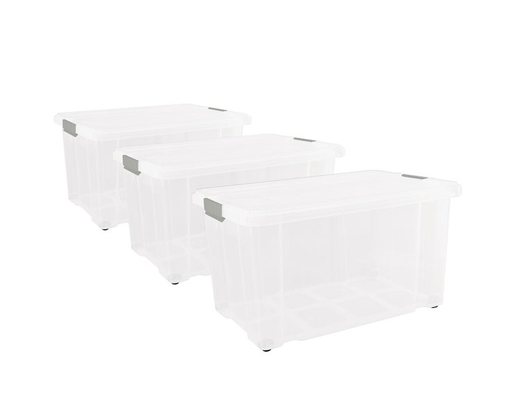 3er Set Eurobox mit Deckel und Rollen 60 x 40 x 33 cm - Transparente Kunststoffbox, Griffe in Silberfarben