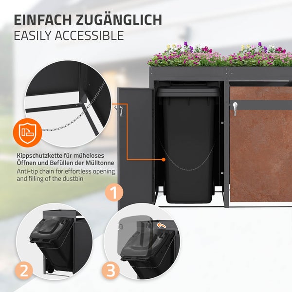 Mülltonnenbox aus Metall mit Pflanzdach und Kippschutzkette zum einfachen Befüllen der Mülltonne durch Neigen.