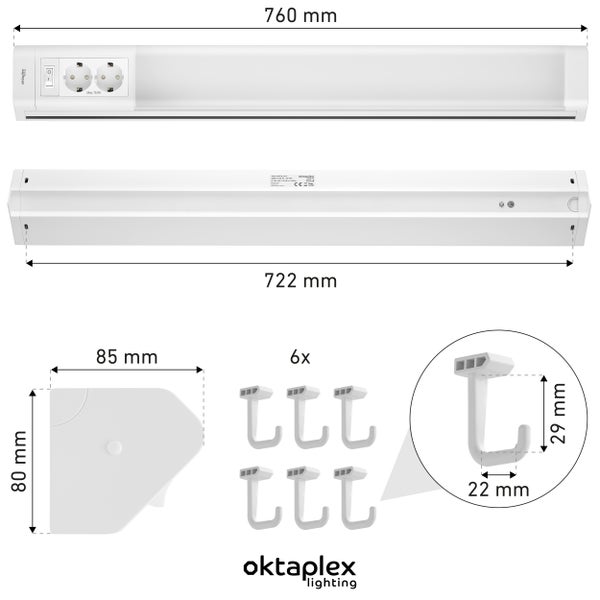 Oktaplex Talin Unterbauleuchte 76cm mit 2 Steckdosen und Schalter warmweiß 3000K