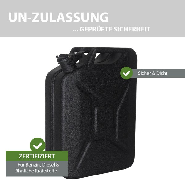 Kraftstoffkanister mit Zulassung der Vereinten Nationen für geprüfte Sicherheit, sicher und dicht, zertifiziert für Benzin und Diesel.