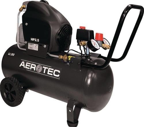 Aerotec Kolbenkompressor mit 50 Liter Tank, 2,5 Pferdestärken Motor, Rädern, Transportgriff und Manometern.