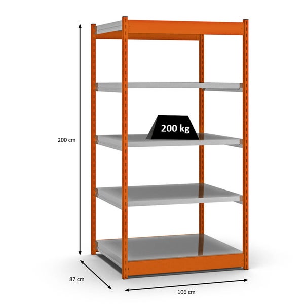 PROREGAL Fachbodenregal Stecksystem Vierkant-Profil Grundregal HxBxT 200 x 102,5 x 80 cm 5 Ebenen Einseitige Bauart Fachlast 200 kg Orange