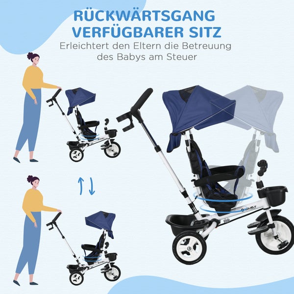 HOMCOM 6-in-1 Dreirad mit Schubstange, 112L x 50B x 104H cm, Polyester, Metall, Blau