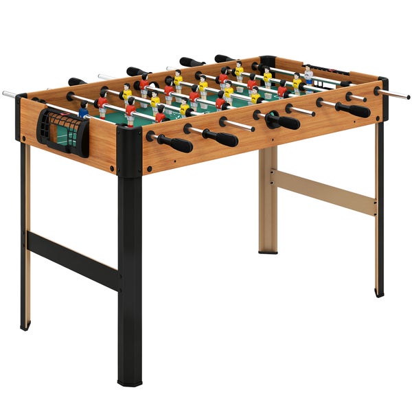 Tischkicker mit Korpus in Holzoptik, grüner Spielfläche, acht Metallstangen mit schwarzen Griffen und roten sowie gelben Spielfiguren.