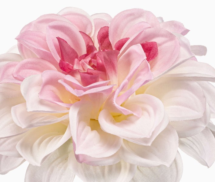 Künstliche Dahlie am Stiel mit weiß-rosafarbener Blüte und grünen Blättern.