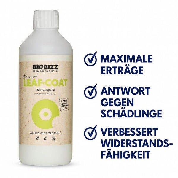 Biobizz Leaf Coat Pflanzenhilfsmittel Flasche: maximale Erträge, Schutz gegen Schädlinge und verbesserte Widerstandsfähigkeit.